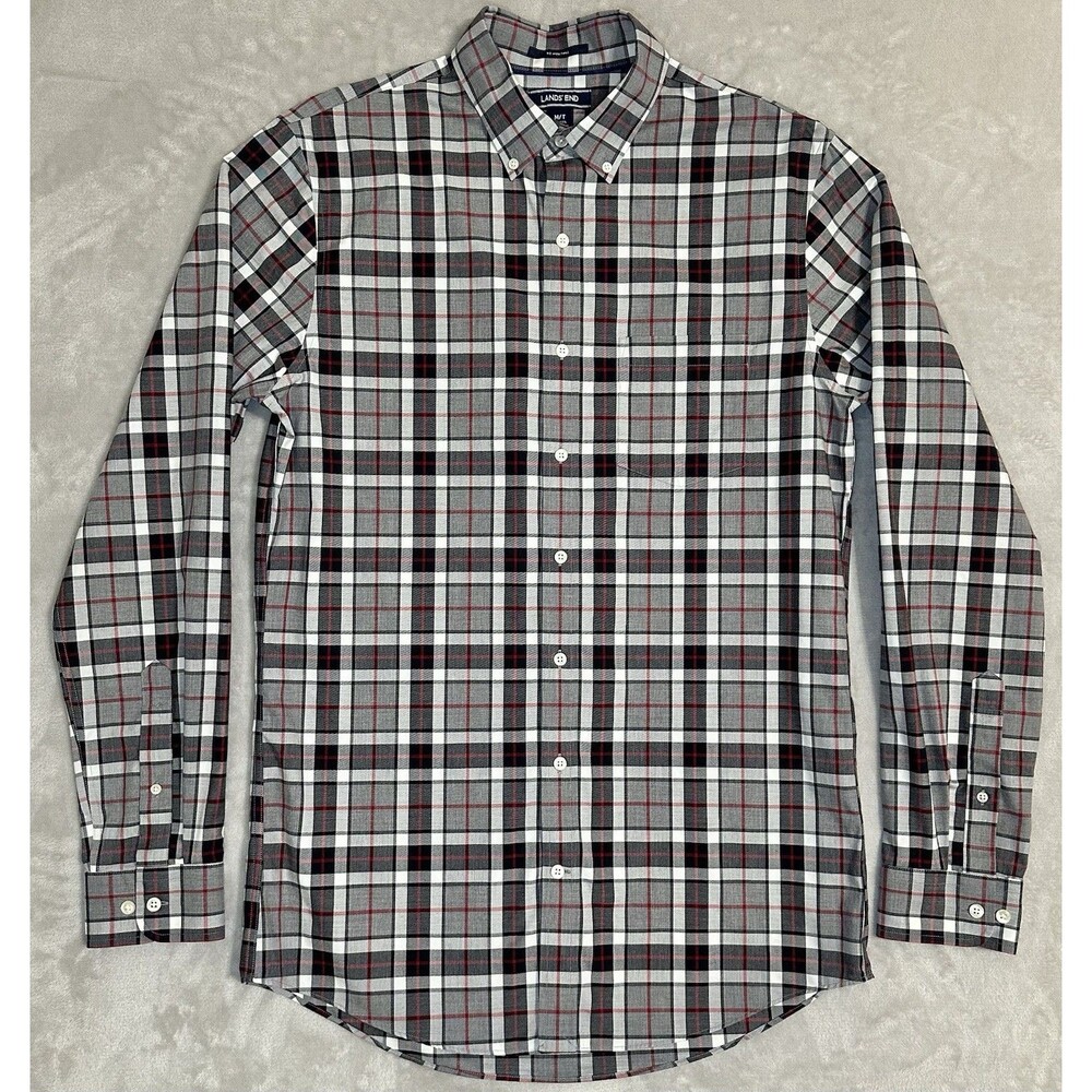 Lands' End Men's M/T 15-15.5 Gray Red Black Plaid Cotton No Iron Twill Shirt